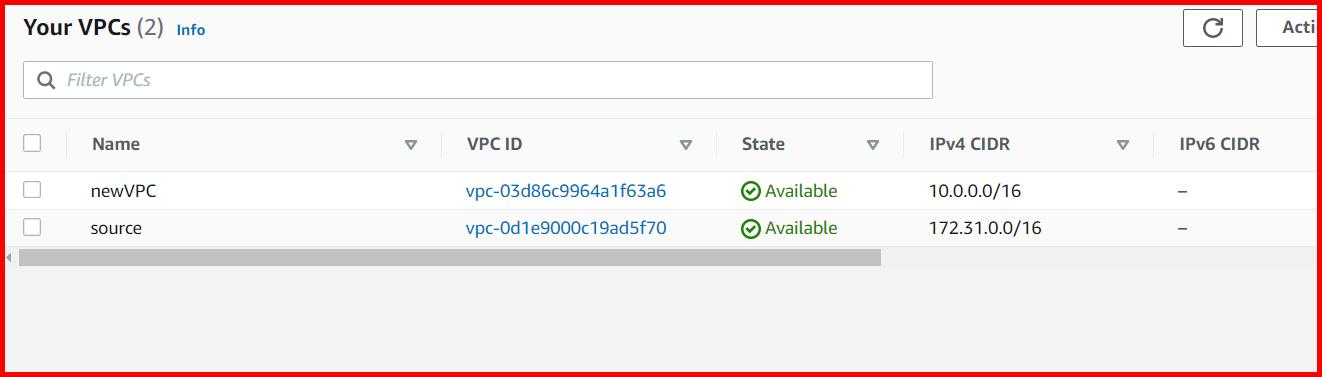 Picture showing 2 VPC connection in AWS console